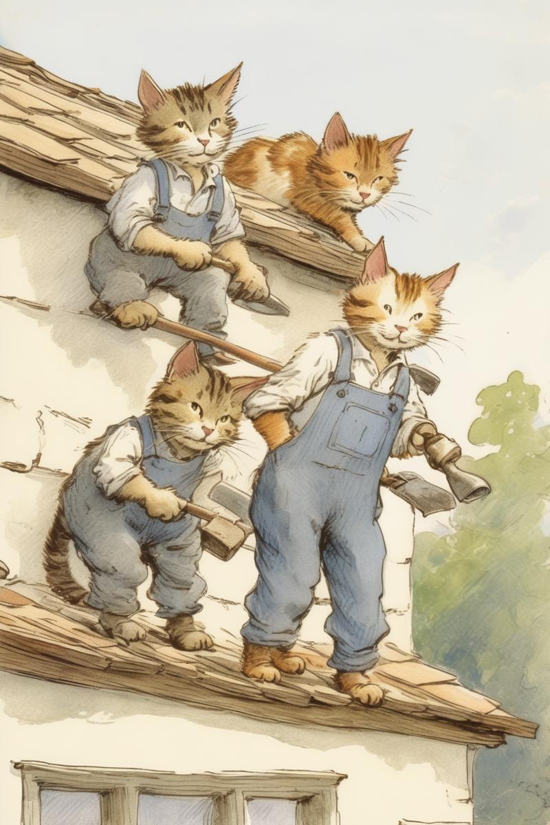 00229-1379747854-_lora_Randolph Caldecott Style_1_Randolph Caldecott Style - 3 three feeble elderly male cats with overalls and hammers fixing co.png